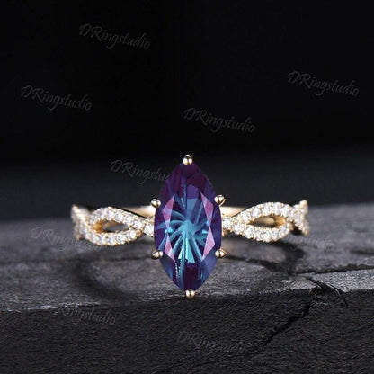 2ct Fireworks Cut Marquise Alexandrite Half Eternity Engagement Ring Twist Infinity Moissanite Yellow Gold Wedding Ring Sets Proposal Gift