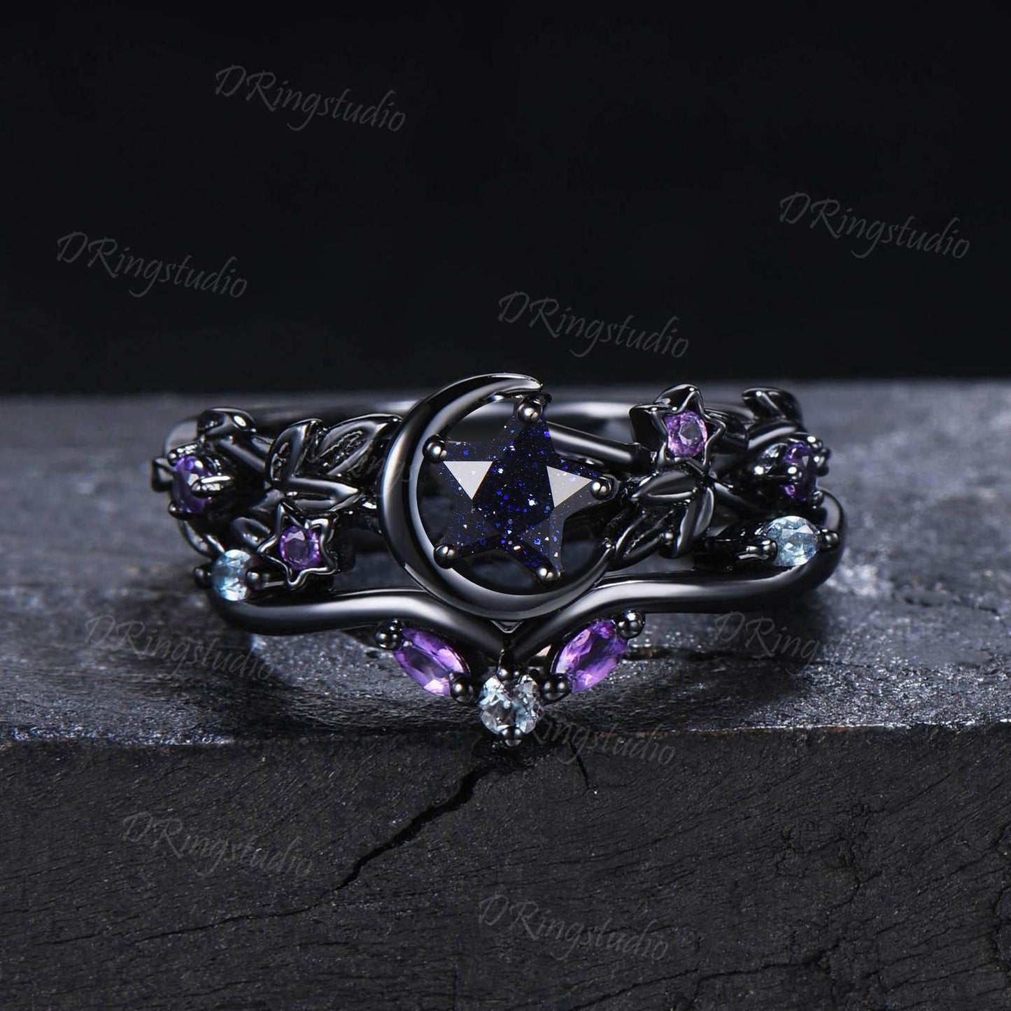Black Moon Star Cut Blue Sandstone Engagement Ring Gothic Black Gold Galaxy Nebula Ring Nature Inspired Star Blue Goldstone Bridal Ring Set