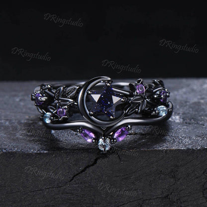 Black Moon Star Cut Blue Sandstone Engagement Ring Gothic Black Gold Galaxy Nebula Ring Nature Inspired Star Blue Goldstone Bridal Ring Set