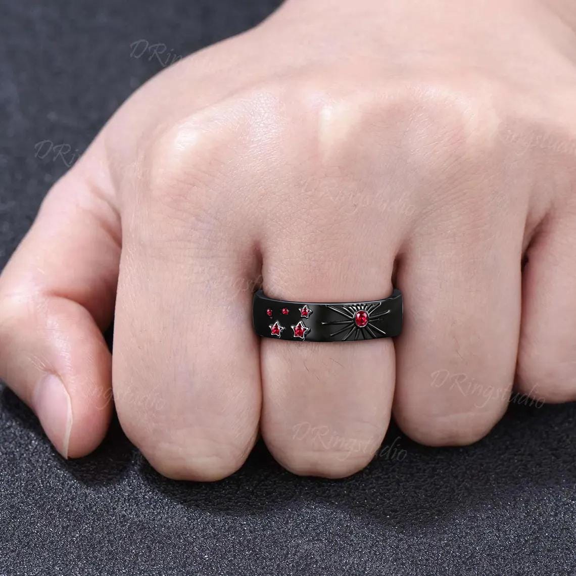 Celestial Natural Garnet Mens Engagement Ring 14K Black Gold Sun Inspired Wedding Band Polish Finish Sun And Star Gothic Ring For Husband