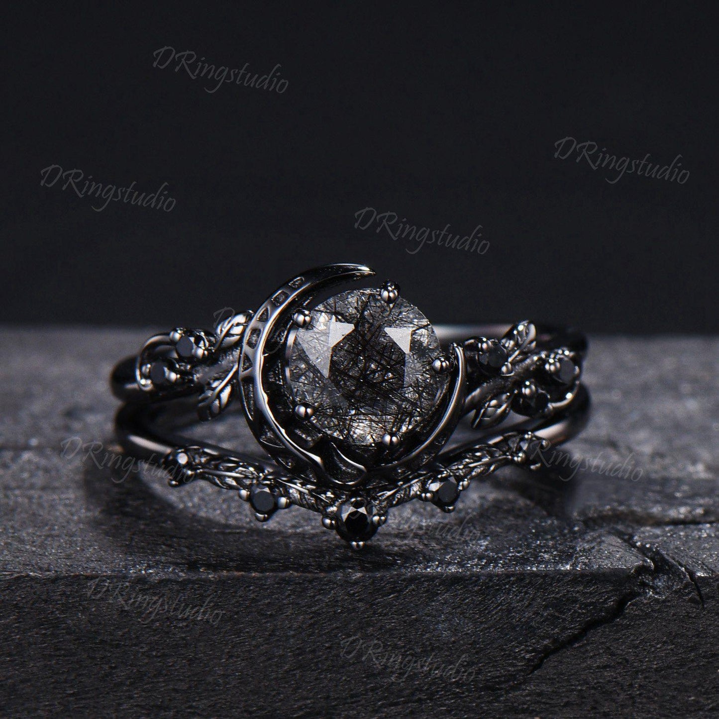 Natural Round Black Rutilated Quartz Crescent Moon Engagement Ring Twig Leaf Black Gold Bridal Set Black Spinel Wedding Ring Proposal Gift