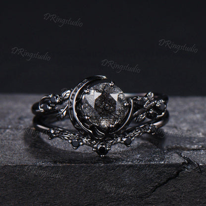 Natural Round Black Rutilated Quartz Crescent Moon Engagement Ring Twig Leaf Black Gold Bridal Set Black Spinel Wedding Ring Proposal Gift