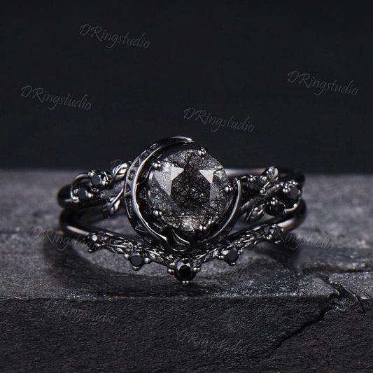 Natural Round Black Rutilated Quartz Crescent Moon Engagement Ring Twig Leaf Black Gold Bridal Set Black Spinel Wedding Ring Proposal Gift