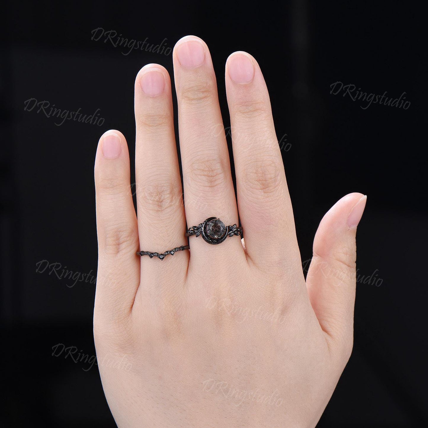 Natural Round Black Rutilated Quartz Crescent Moon Engagement Ring Twig Leaf Black Gold Bridal Set Black Spinel Wedding Ring Proposal Gift