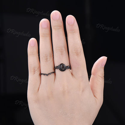 Natural Round Black Rutilated Quartz Crescent Moon Engagement Ring Twig Leaf Black Gold Bridal Set Black Spinel Wedding Ring Proposal Gift