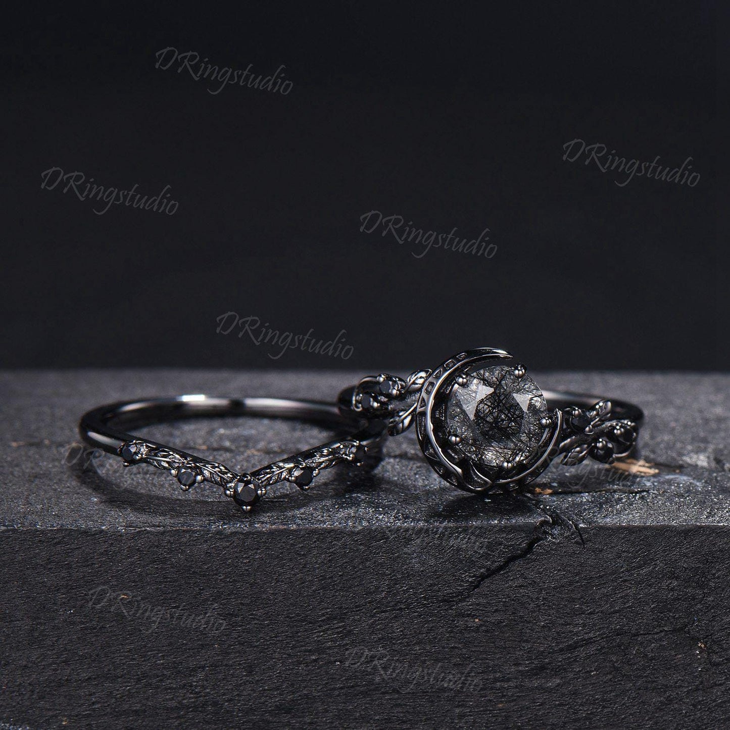 Natural Round Black Rutilated Quartz Crescent Moon Engagement Ring Twig Leaf Black Gold Bridal Set Black Spinel Wedding Ring Proposal Gift