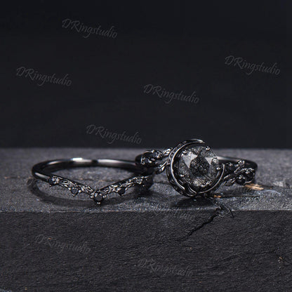 Natural Round Black Rutilated Quartz Crescent Moon Engagement Ring Twig Leaf Black Gold Bridal Set Black Spinel Wedding Ring Proposal Gift