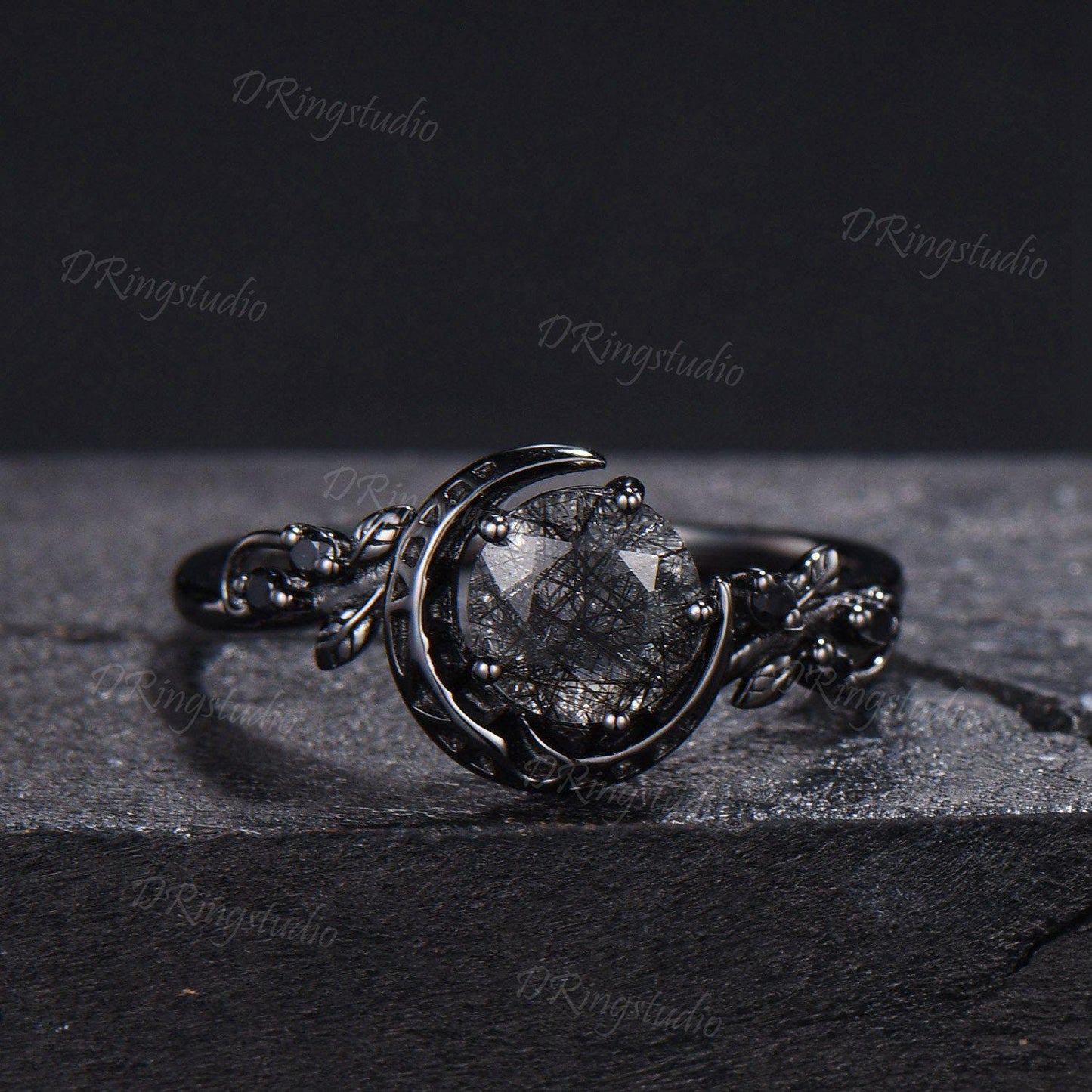 Natural Round Black Rutilated Quartz Crescent Moon Engagement Ring Twig Leaf Black Gold Bridal Set Black Spinel Wedding Ring Proposal Gift