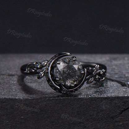 Natural Round Black Rutilated Quartz Crescent Moon Engagement Ring Twig Leaf Black Gold Bridal Set Black Spinel Wedding Ring Proposal Gift