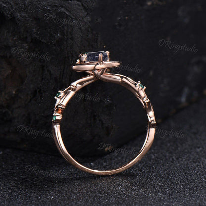 Nature Inspired Round Blue Sandstone Moon Engagement Ring Unique Galaxy Blue Goldstone Amethyst Promise Ring Rose Gold Wedding Ring For Her