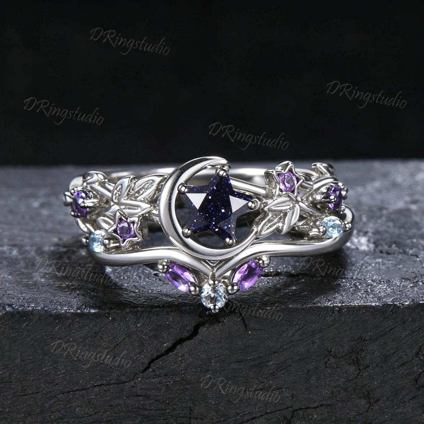 Black Moon Star Cut Blue Sandstone Engagement Ring Gothic Black Gold Galaxy Nebula Ring Nature Inspired Star Blue Goldstone Bridal Ring Set