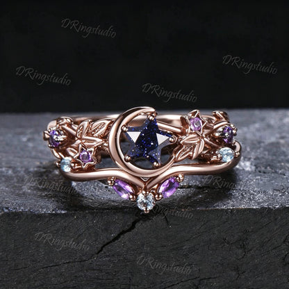 Black Moon Star Cut Blue Sandstone Engagement Ring Gothic Black Gold Galaxy Nebula Ring Nature Inspired Star Blue Goldstone Bridal Ring Set