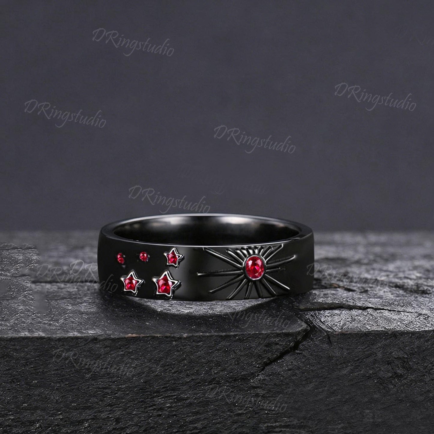 Celestial Natural Garnet Mens Engagement Ring 14K Black Gold Sun Inspired Wedding Band Polish Finish Sun And Star Gothic Ring For Husband