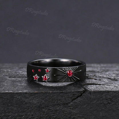 Celestial Natural Garnet Mens Engagement Ring 14K Black Gold Sun Inspired Wedding Band Polish Finish Sun And Star Gothic Ring For Husband