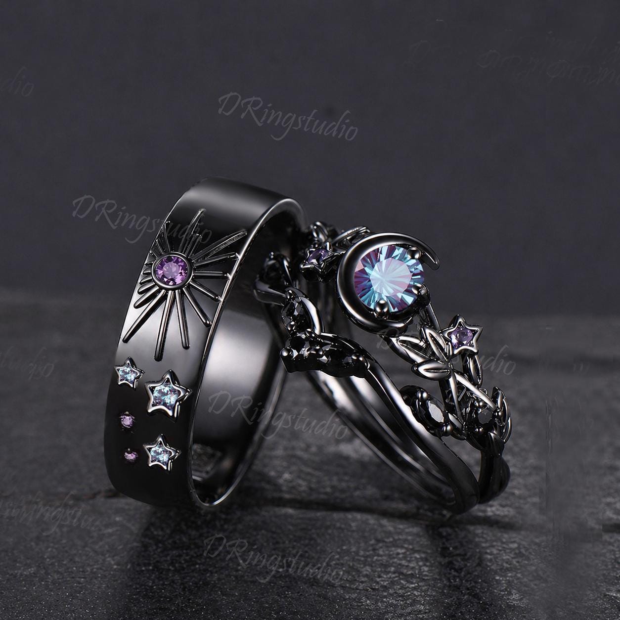Fireworks Cut Round Color-Change Alexandrite Couple Rings Set Black Gold Wedding Band Celestial Sun And Moon Engagement Ring For Couple