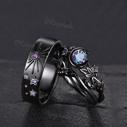 Fireworks Cut Round Color-Change Alexandrite Couple Rings Set Black Gold Wedding Band Celestial Sun And Moon Engagement Ring For Couple