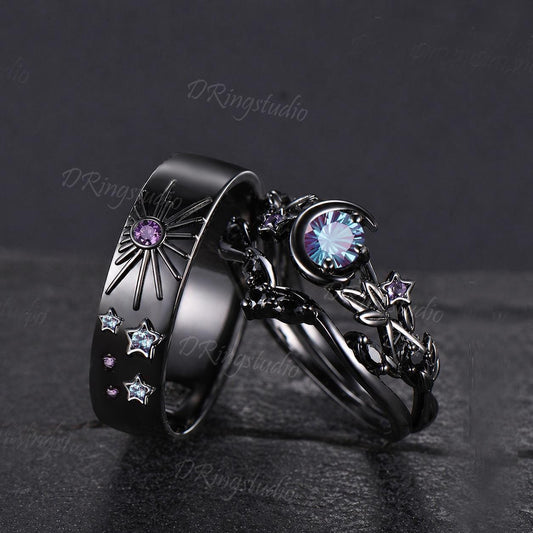Fireworks Cut Round Color-Change Alexandrite Couple Rings Set Black Gold Wedding Band Celestial Sun And Moon Engagement Ring For Couple