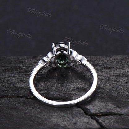 1.5ct Oval Cut Natural Green Tourmaline Engagement Ring Celtic Trinity Knot White Gold Wedding Ring Half Eternity Tourmaline Ring For Women