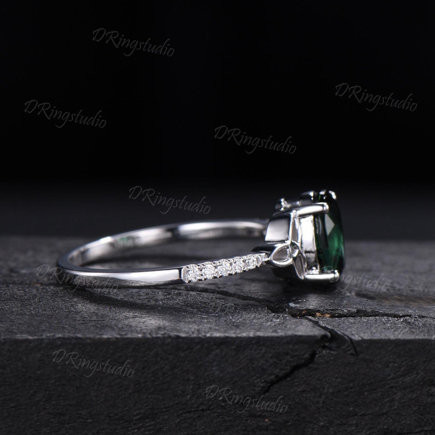 1.5ct Oval Cut Natural Green Tourmaline Engagement Ring Celtic Trinity Knot White Gold Wedding Ring Half Eternity Tourmaline Ring For Women