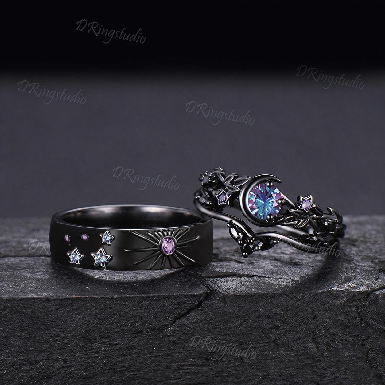 Fireworks Cut Round Color-Change Alexandrite Couple Rings Set Black Gold Wedding Band Celestial Sun And Moon Engagement Ring For Couple