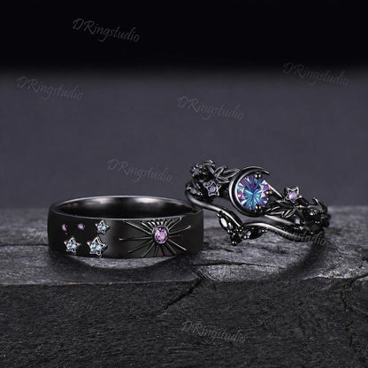 Fireworks Cut Round Color-Change Alexandrite Couple Rings Set Black Gold Wedding Band Celestial Sun And Moon Engagement Ring For Couple