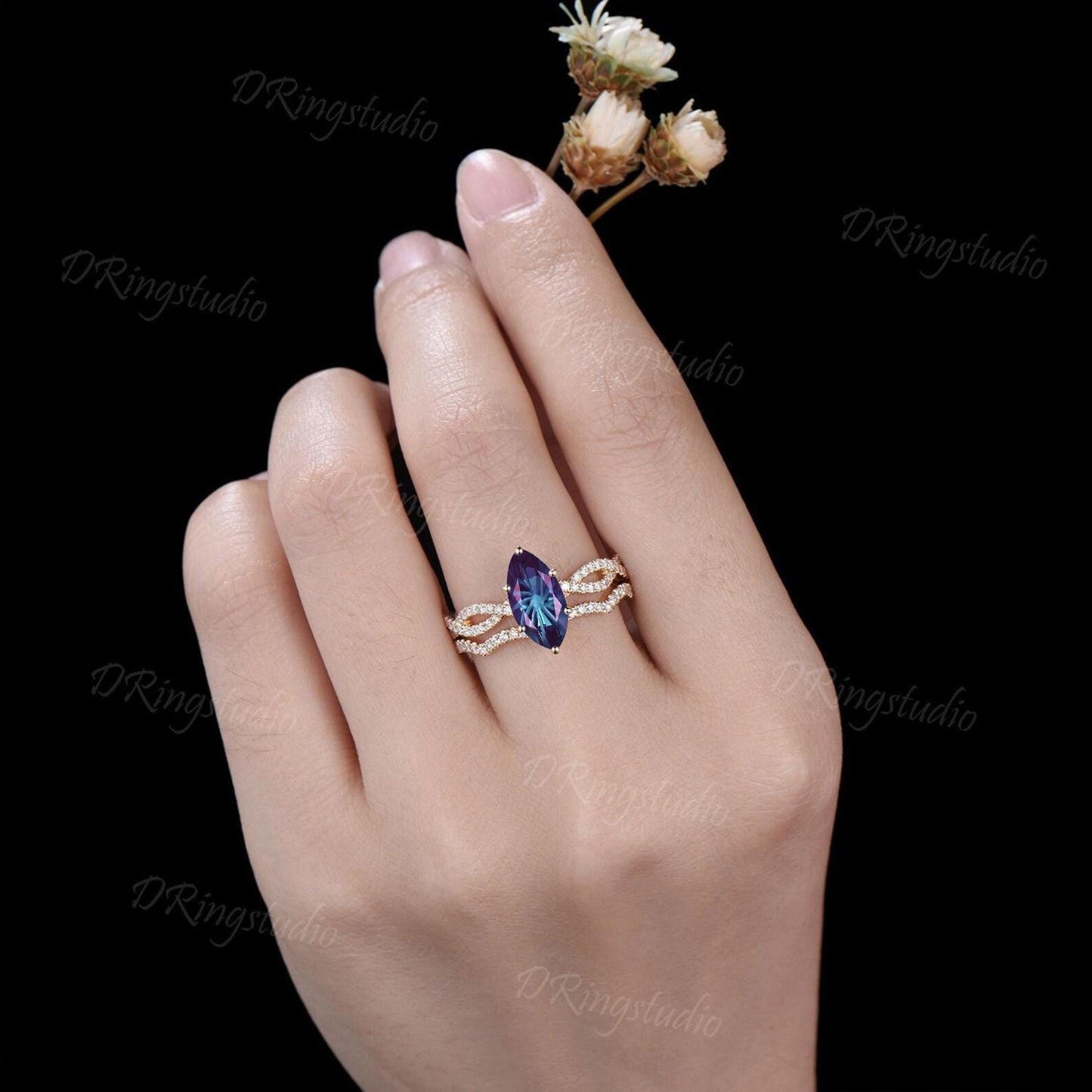 2ct Fireworks Cut Marquise Alexandrite Half Eternity Engagement Ring Twist Infinity Moissanite Yellow Gold Wedding Ring Sets Proposal Gift
