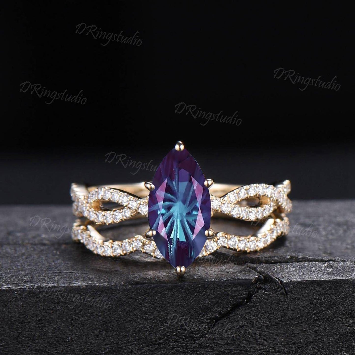 2ct Fireworks Cut Marquise Alexandrite Half Eternity Engagement Ring Twist Infinity Moissanite Yellow Gold Wedding Ring Sets Proposal Gift
