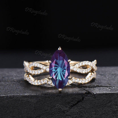2ct Fireworks Cut Marquise Alexandrite Half Eternity Engagement Ring Twist Infinity Moissanite Yellow Gold Wedding Ring Sets Proposal Gift