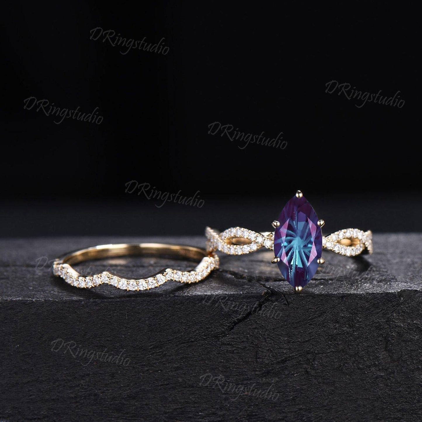 2ct Fireworks Cut Marquise Alexandrite Half Eternity Engagement Ring Twist Infinity Moissanite Yellow Gold Wedding Ring Sets Proposal Gift