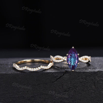 2ct Fireworks Cut Marquise Alexandrite Half Eternity Engagement Ring Twist Infinity Moissanite Yellow Gold Wedding Ring Sets Proposal Gift