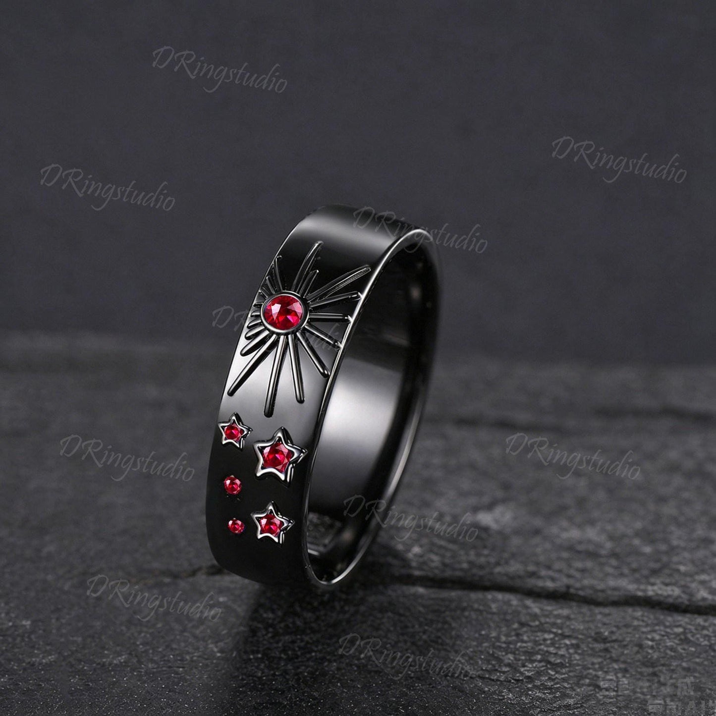 Celestial Natural Garnet Mens Engagement Ring 14K Black Gold Sun Inspired Wedding Band Polish Finish Sun And Star Gothic Ring For Husband