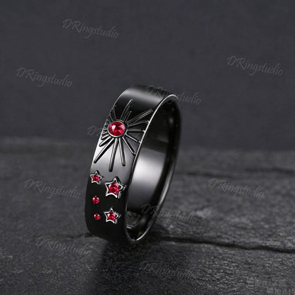 Celestial Natural Garnet Mens Engagement Ring 14K Black Gold Sun Inspired Wedding Band Polish Finish Sun And Star Gothic Ring For Husband