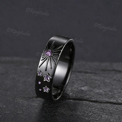Natural Amethyst Sun Inspired Wedding Band Black Gold Sun & Star Comfort Fit Men's Ring Polished Men's Engagement Ring Anniversary Gift