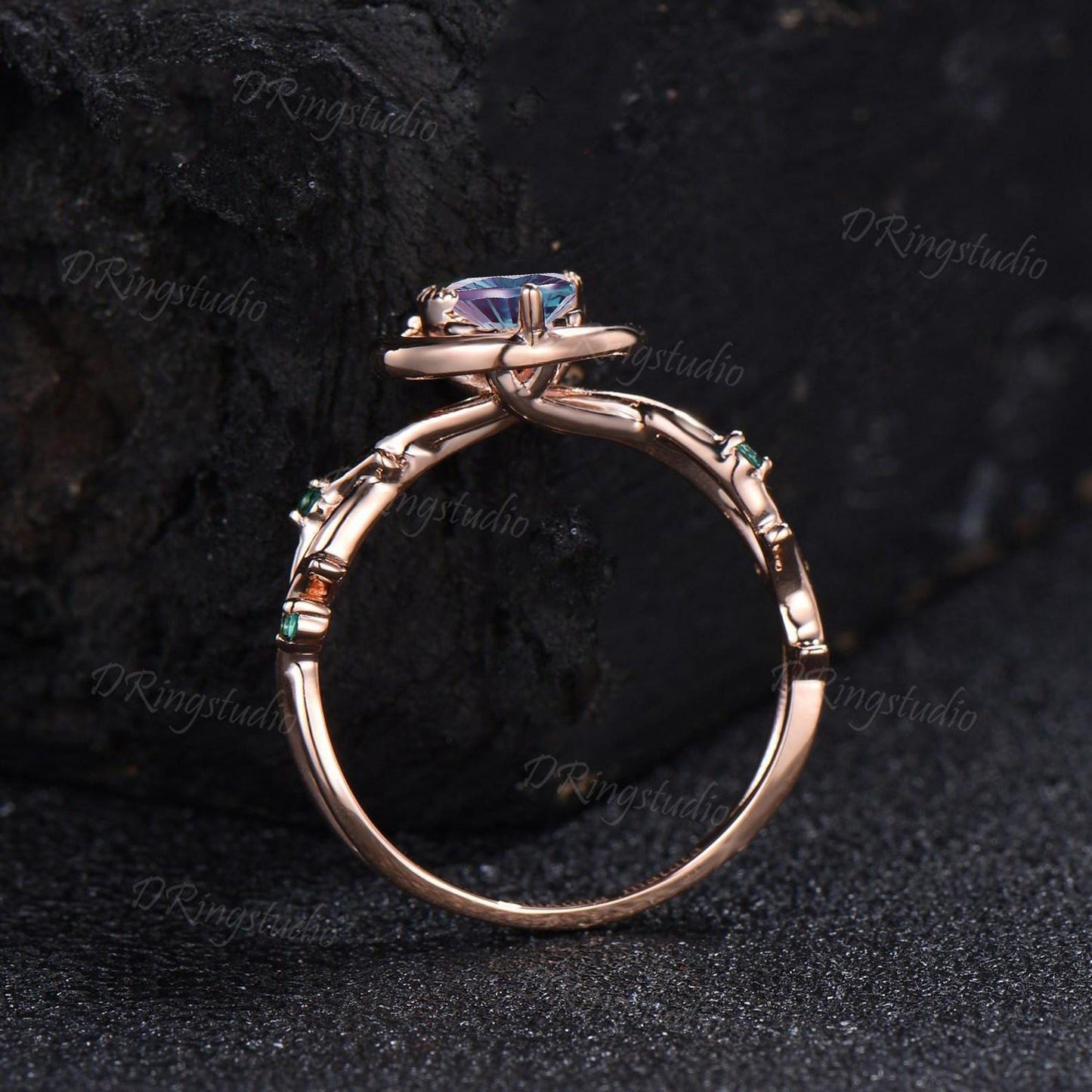 Fireworks Cut Color-Change Alexandrite Round Engagement Ring 14K Rose Gold Crescent Moon Star Ring Cluster Amethyst Moissanite Bridal Ring