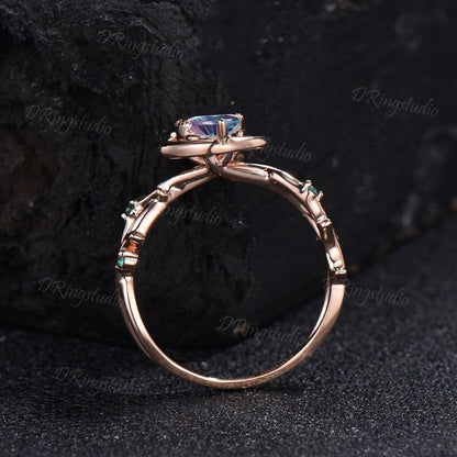 Fireworks Cut Color-Change Alexandrite Round Engagement Ring 14K Rose Gold Crescent Moon Star Ring Cluster Amethyst Moissanite Bridal Ring