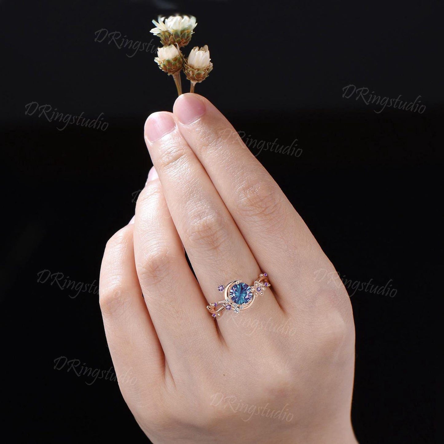 Fireworks Cut Color-Change Alexandrite Round Engagement Ring 14K Rose Gold Crescent Moon Star Ring Cluster Amethyst Moissanite Bridal Ring