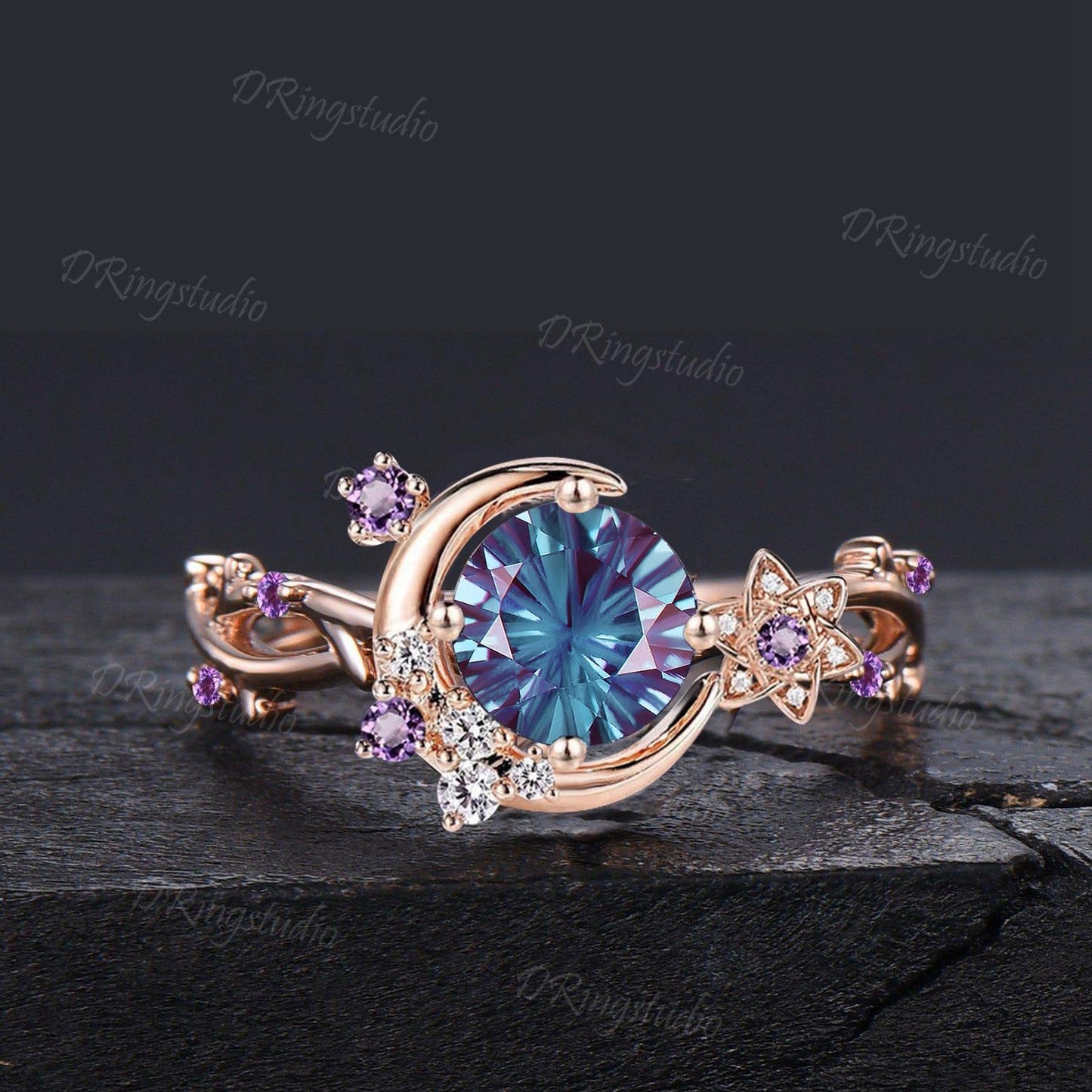 Fireworks Cut Color-Change Alexandrite Round Engagement Ring 14K Rose Gold Crescent Moon Star Ring Cluster Amethyst Moissanite Bridal Ring