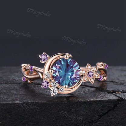 Fireworks Cut Color-Change Alexandrite Round Engagement Ring 14K Rose Gold Crescent Moon Star Ring Cluster Amethyst Moissanite Bridal Ring