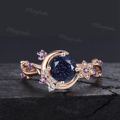 Nature Inspired Round Blue Sandstone Moon Engagement Ring Unique Galaxy Blue Goldstone Amethyst Promise Ring Rose Gold Wedding Ring For Her