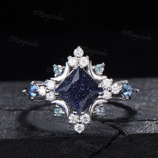 Princess Cut Galaxy Blue Sandstone Ring Celestial Moon Blue Goldstone Alexandrite Halo Engagement Ring Silver Nebula Wedding Ring Women Gift