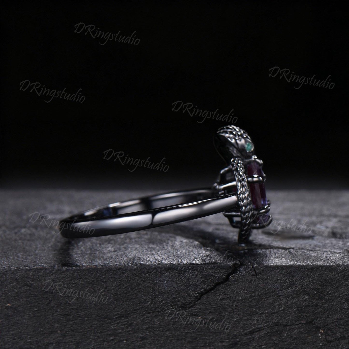 7mm Hexagon Color-Change Alexandrite Snake Engagement Ring Gothic Black Gold Ouroboros Emerald Wedding Ring June Birthstone Proposal Gift