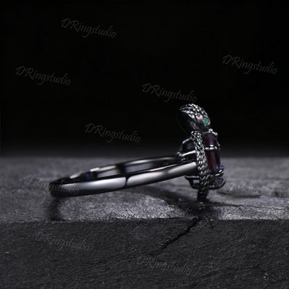 7mm Hexagon Color-Change Alexandrite Snake Engagement Ring Gothic Black Gold Ouroboros Emerald Wedding Ring June Birthstone Proposal Gift