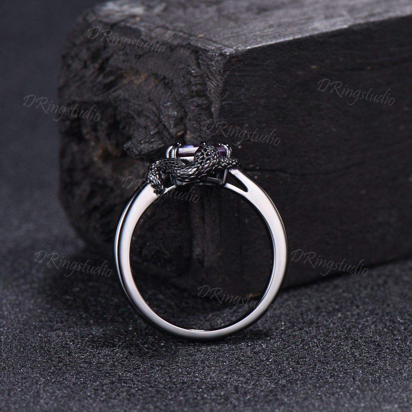 Black Gold Hexagon Blue Sandstone Snake Ring Snake Eating Tail Ouroboros Bridal Ring Galaxy Blue Goldstone Amethyst Witchy Ring Promise Gift