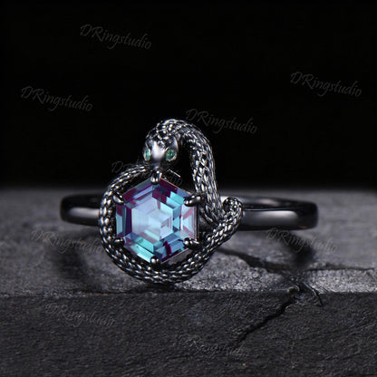 7mm Hexagon Color-Change Alexandrite Snake Engagement Ring Gothic Black Gold Ouroboros Emerald Wedding Ring June Birthstone Proposal Gift
