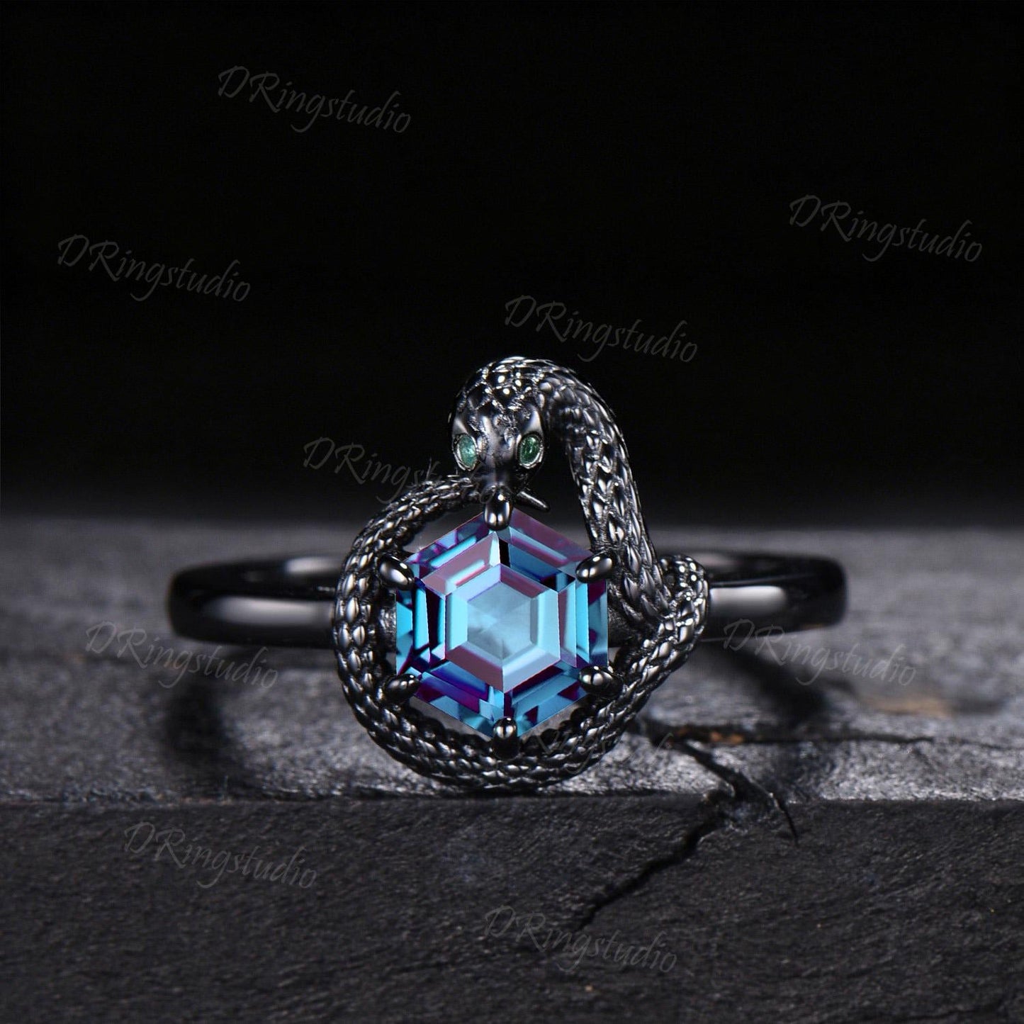 7mm Hexagon Color-Change Alexandrite Snake Engagement Ring Gothic Black Gold Ouroboros Emerald Wedding Ring June Birthstone Proposal Gift