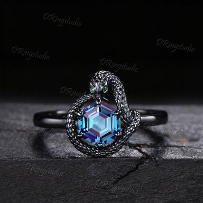 7mm Hexagon Color-Change Alexandrite Snake Engagement Ring Gothic Black Gold Ouroboros Emerald Wedding Ring June Birthstone Proposal Gift