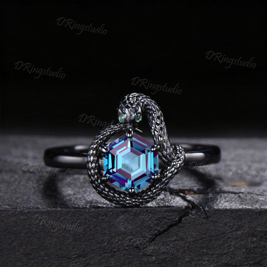 7mm Hexagon Color-Change Alexandrite Snake Engagement Ring Gothic Black Gold Ouroboros Emerald Wedding Ring June Birthstone Proposal Gift