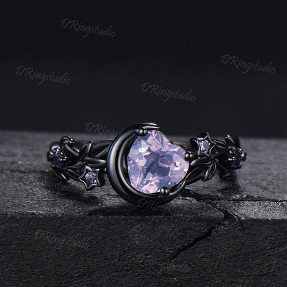 Heart Shaped Lavender Amethyst Engagement Ring Set Black Gold Moon Star Nebula Ring Amethyst Cluster Wedding Ring February Birthstone Ring
