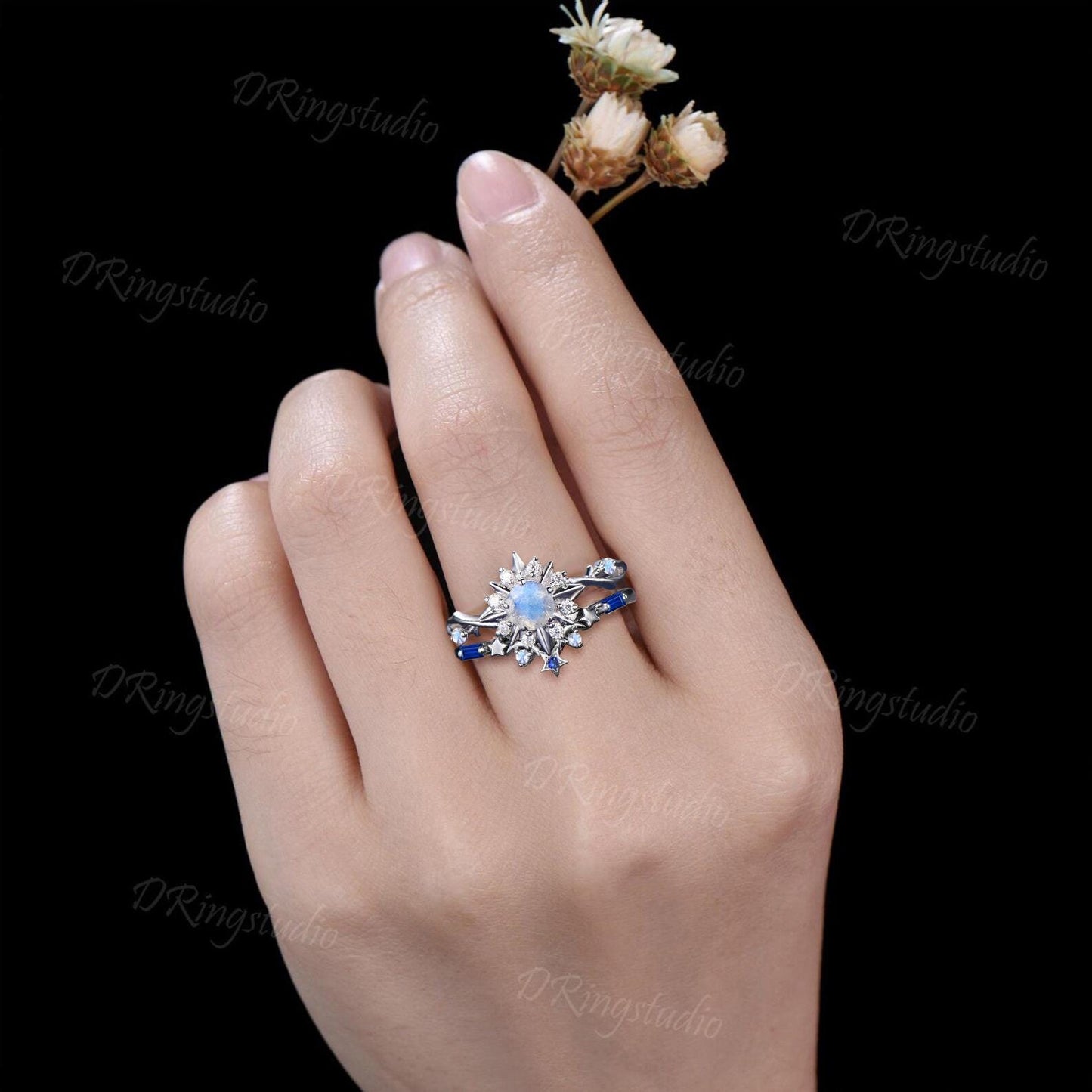 Round Cut Natural Labradorite Engagement Ring Set My Sun and Stars Galaxy Bridal Ring 14K White Gold Moissanite Sapphire Halo Ring
