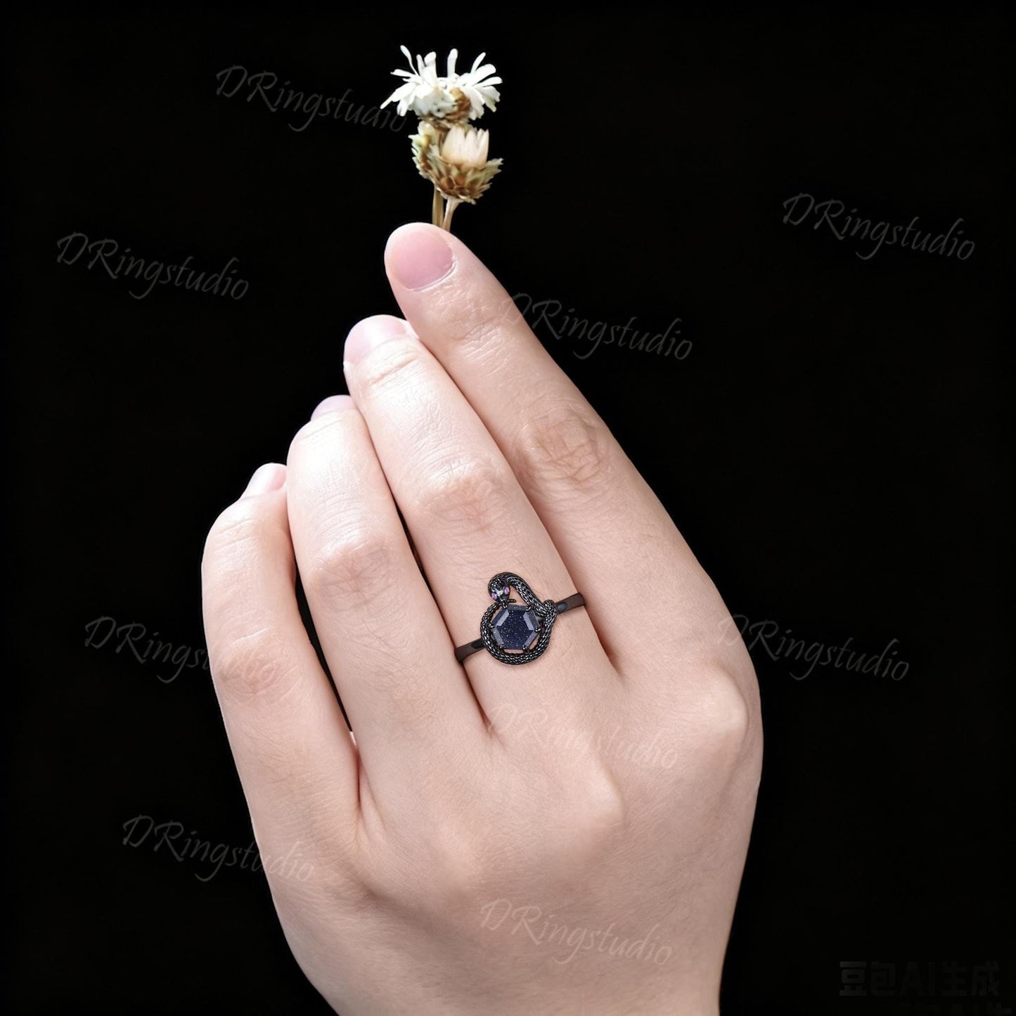 Black Gold Hexagon Blue Sandstone Snake Ring Snake Eating Tail Ouroboros Bridal Ring Galaxy Blue Goldstone Amethyst Witchy Ring Promise Gift
